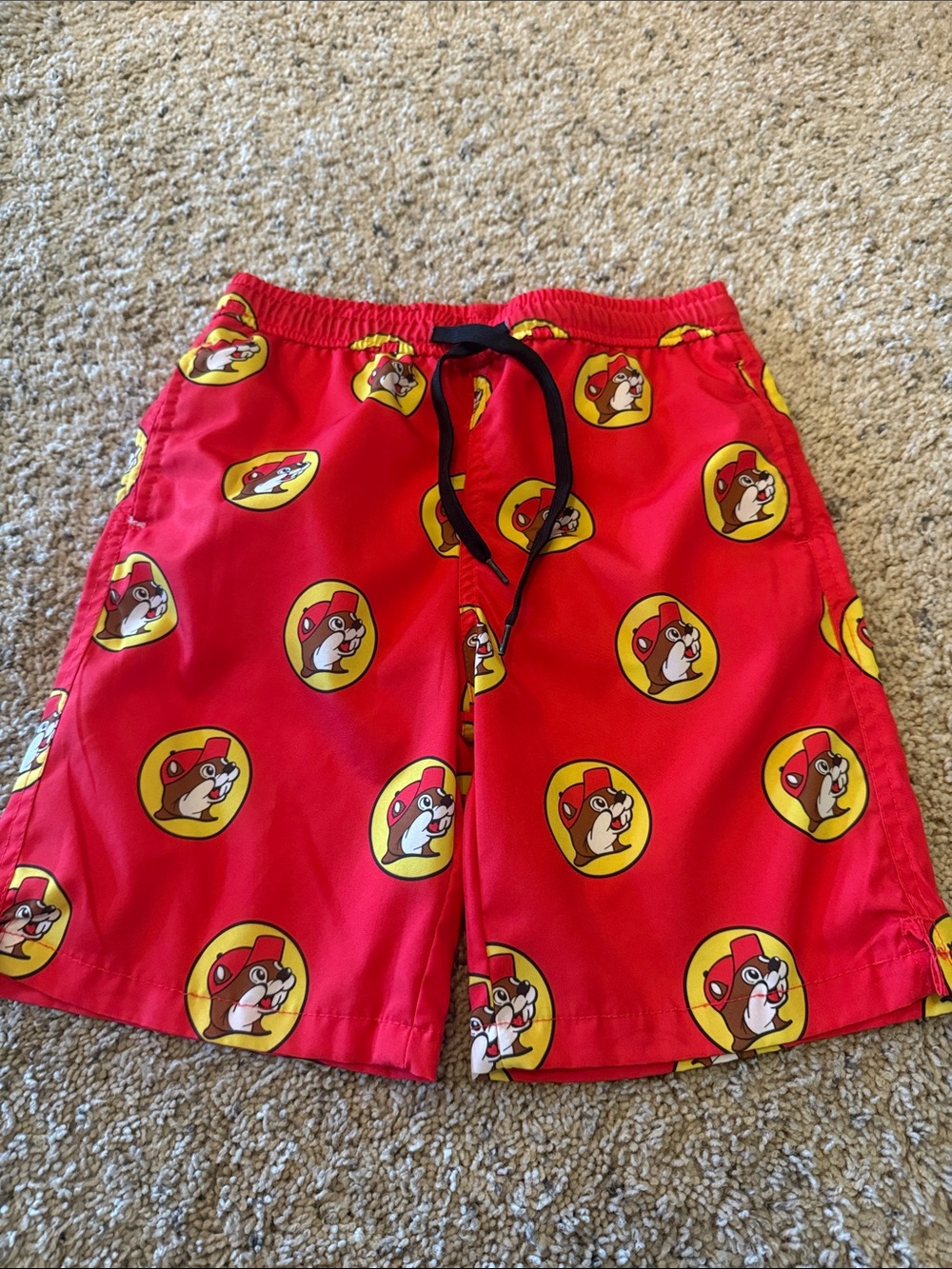Kids Red Swim Trunks with Bucee Character Print